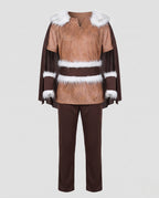 Men's brown Viking Halloween costume with suede-look tunic, white faux fur trim, cape and pants - view 4