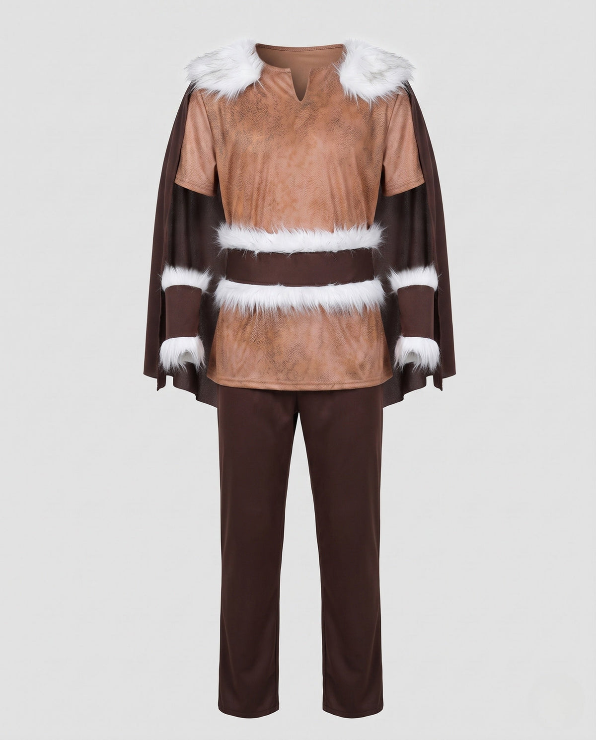 Men's brown Viking Halloween costume with suede-look tunic, white faux fur trim, cape and pants - view 4