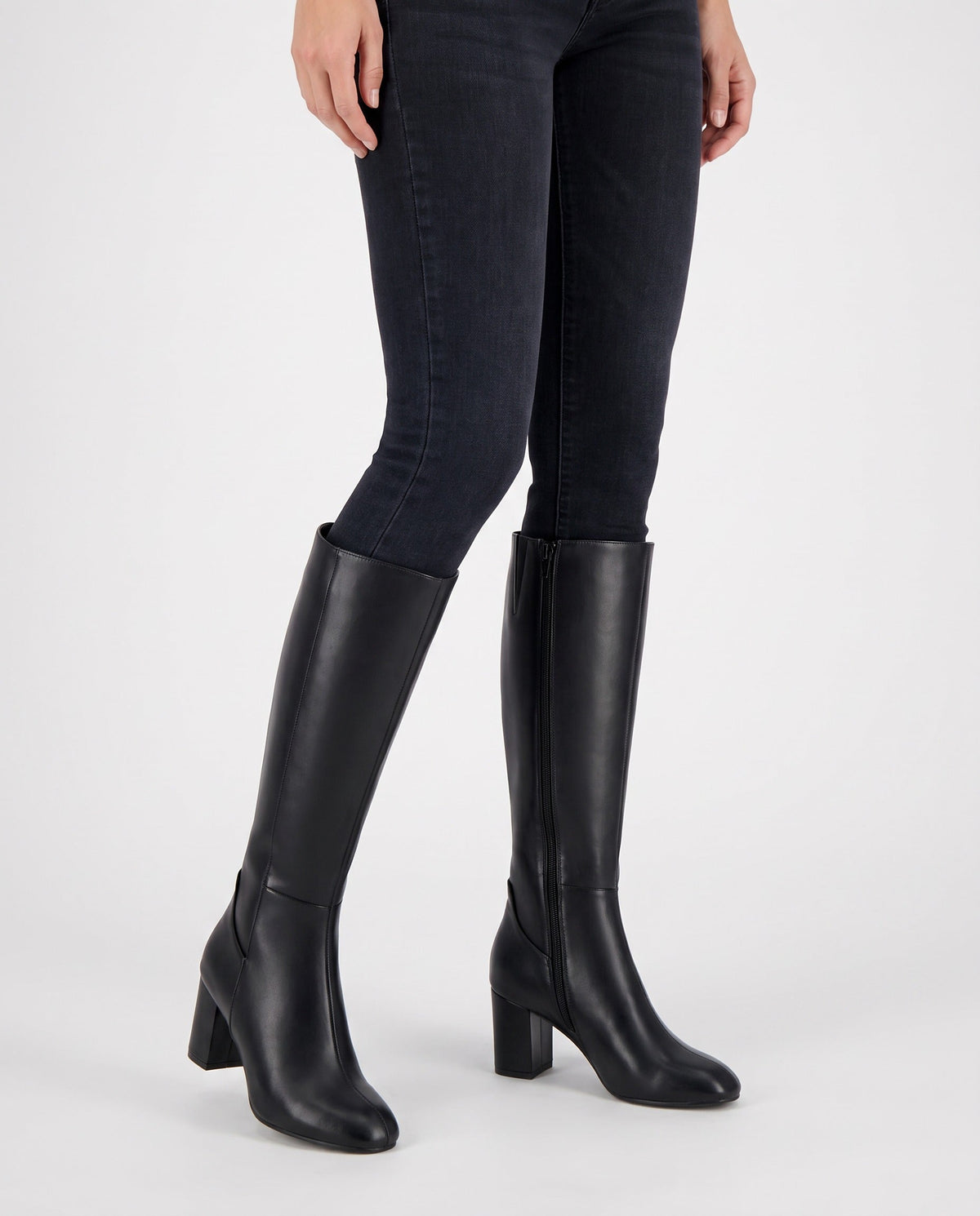 Tall knee-high boots for women with block heel and smooth leather-look upper