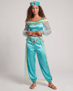 Women's turquoise satin princess Halloween costume with sheer puff sleeves, fringed crop top and harem pants