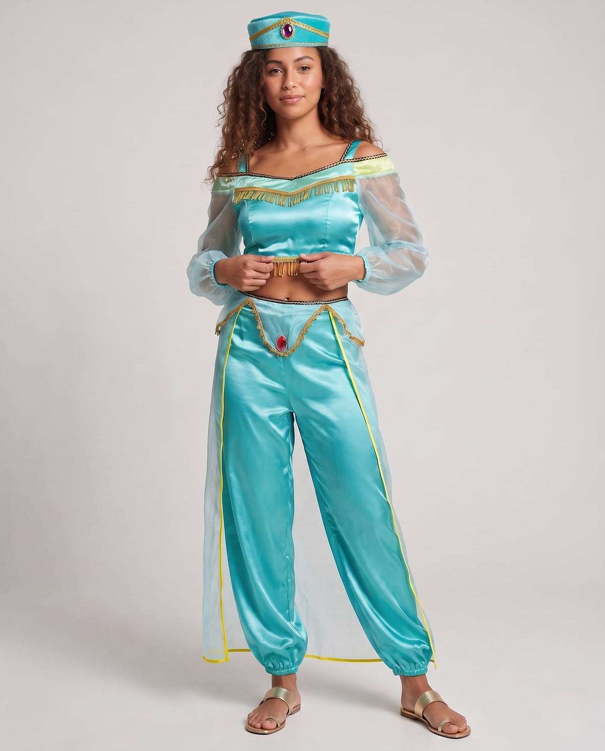 Women's turquoise satin princess Halloween costume with sheer puff sleeves, fringed crop top and harem pants
