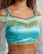 Women's turquoise satin princess Halloween costume with sheer puff sleeves, fringed crop top and harem pants - view 2