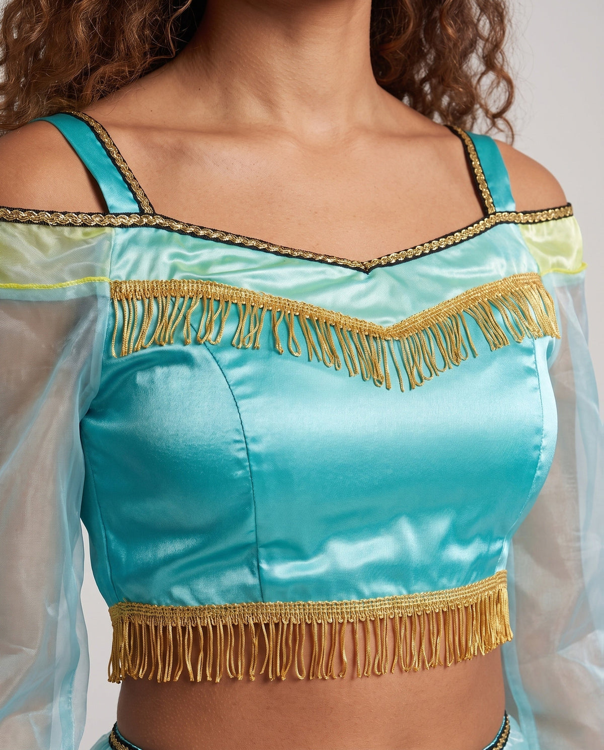 Women's turquoise satin princess Halloween costume with sheer puff sleeves, fringed crop top and harem pants - view 2