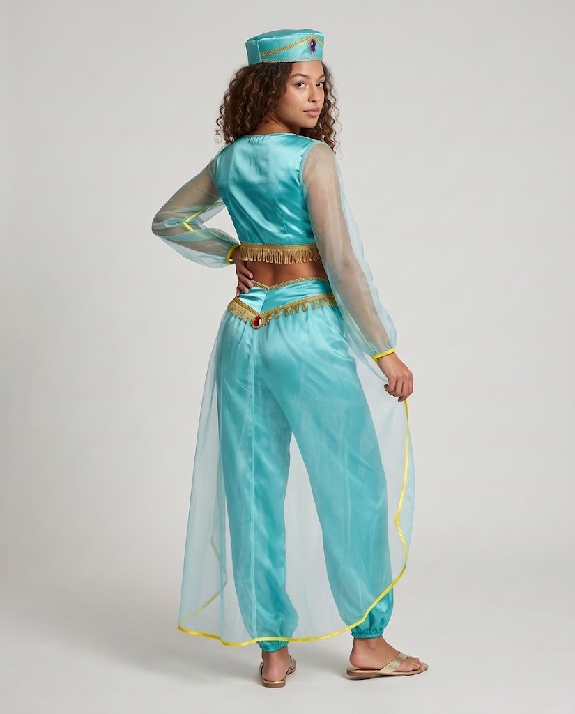 Women's turquoise satin princess Halloween costume with sheer puff sleeves, fringed crop top and harem pants - view 3
