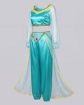 Women's turquoise satin princess Halloween costume with sheer puff sleeves, fringed crop top and harem pants - view 4