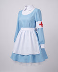 Women's light blue nurse costume with white apron, nurse cap and red cross armband - view 4