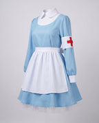 Women's light blue nurse costume with white apron, nurse cap and red cross armband - view 4
