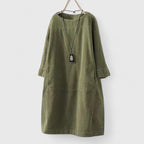 Relaxed corduroy long sleeve shift dress with crew neck and side pockets - view 11