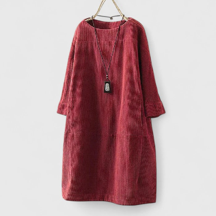 Relaxed corduroy long sleeve shift dress with crew neck and side pockets - view 12