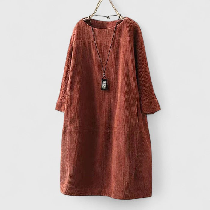 Relaxed corduroy long sleeve shift dress with crew neck and side pockets - view 13