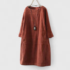 Relaxed corduroy long sleeve shift dress with crew neck and side pockets - view 13