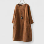 Relaxed corduroy long sleeve shift dress with crew neck and side pockets - view 6