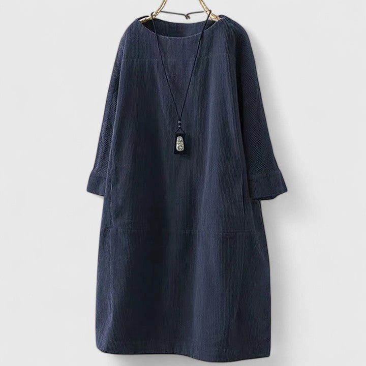 Relaxed corduroy long sleeve shift dress with crew neck and side pockets - view 7