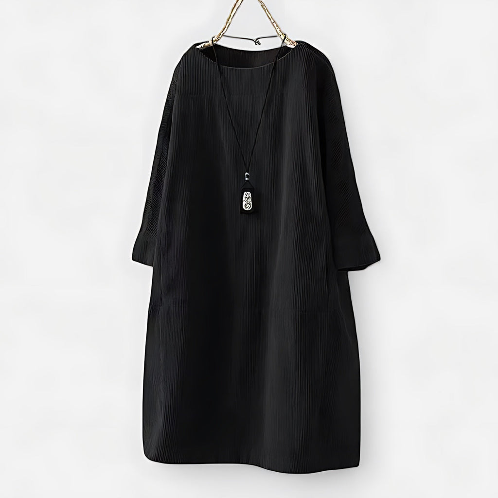 Relaxed corduroy long sleeve shift dress with crew neck and side pockets - view 8