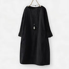 Relaxed corduroy long sleeve shift dress with crew neck and side pockets - view 8