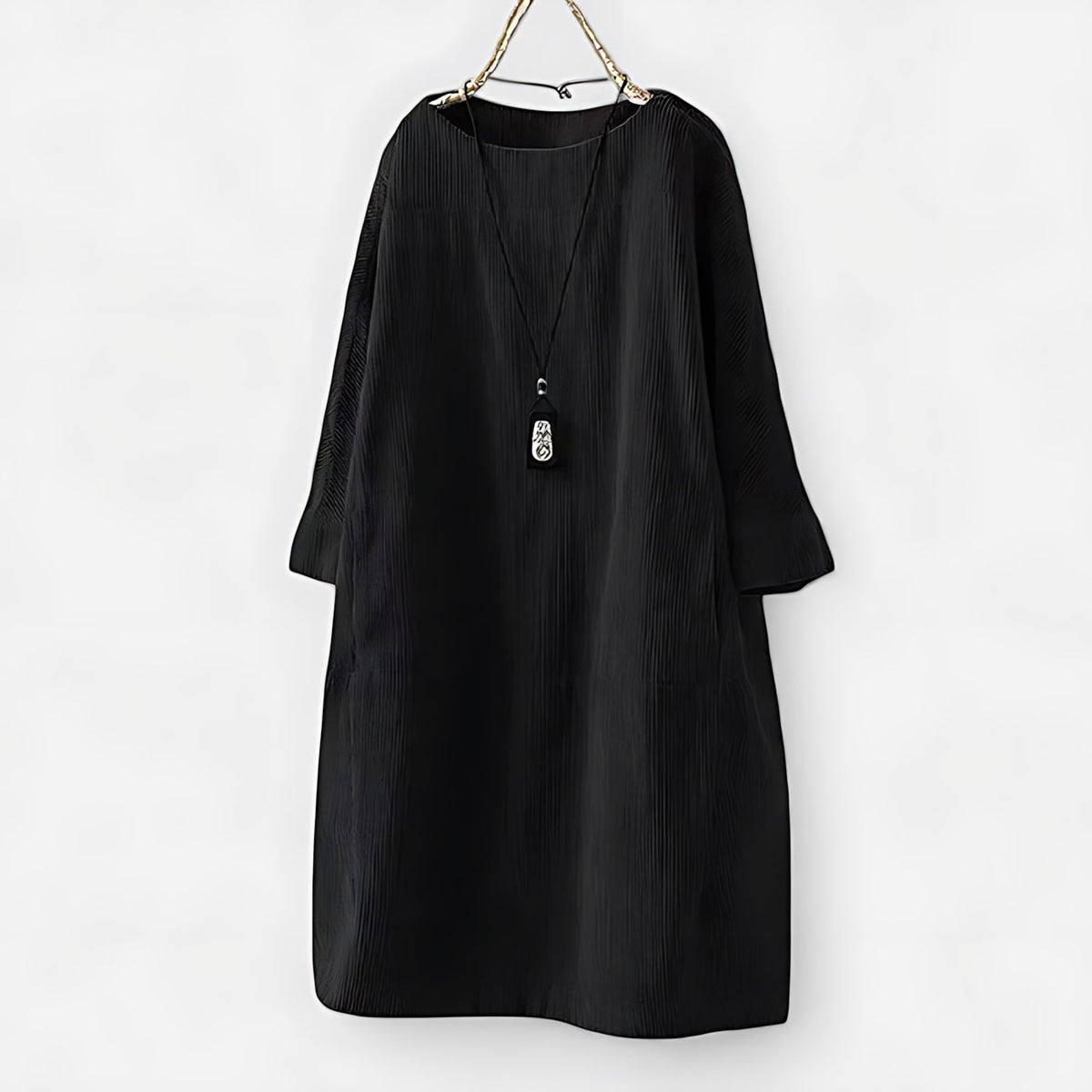Relaxed corduroy long sleeve shift dress with crew neck and side pockets - view 8