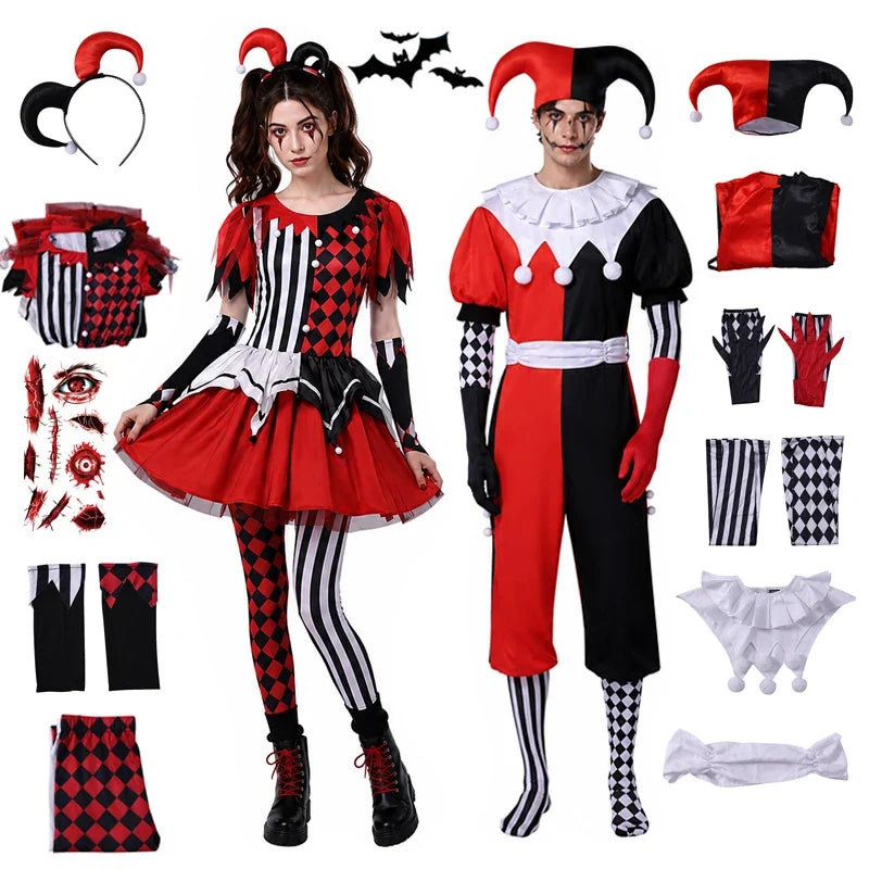 Red, black and white harlequin jester couples Halloween costume, tulle-skirt dress and two-tone jumpsuit