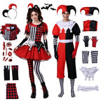 Red, black and white harlequin jester couples Halloween costume, tulle-skirt dress and two-tone jumpsuit