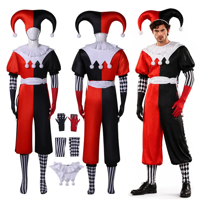Red, black and white harlequin jester couples Halloween costume, tulle-skirt dress and two-tone jumpsuit - view 10