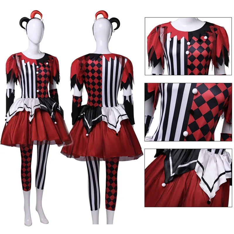 Red, black and white harlequin jester couples Halloween costume, tulle-skirt dress and two-tone jumpsuit - view 2