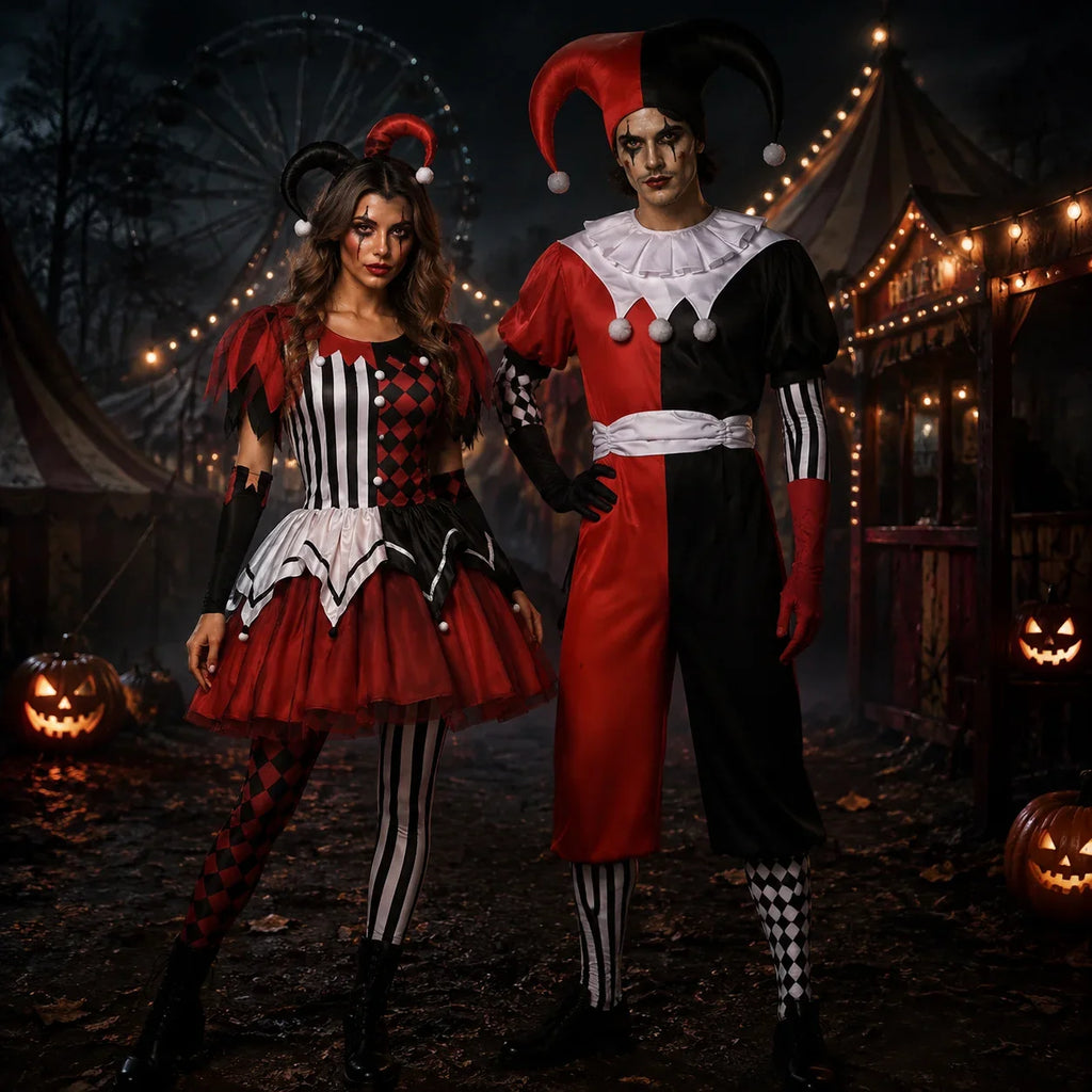 Red, black and white harlequin jester couples Halloween costume, tulle-skirt dress and two-tone jumpsuit - view 3