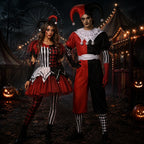 Red, black and white harlequin jester couples Halloween costume, tulle-skirt dress and two-tone jumpsuit - view 3