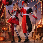 Red, black and white harlequin jester couples Halloween costume, tulle-skirt dress and two-tone jumpsuit - view 4