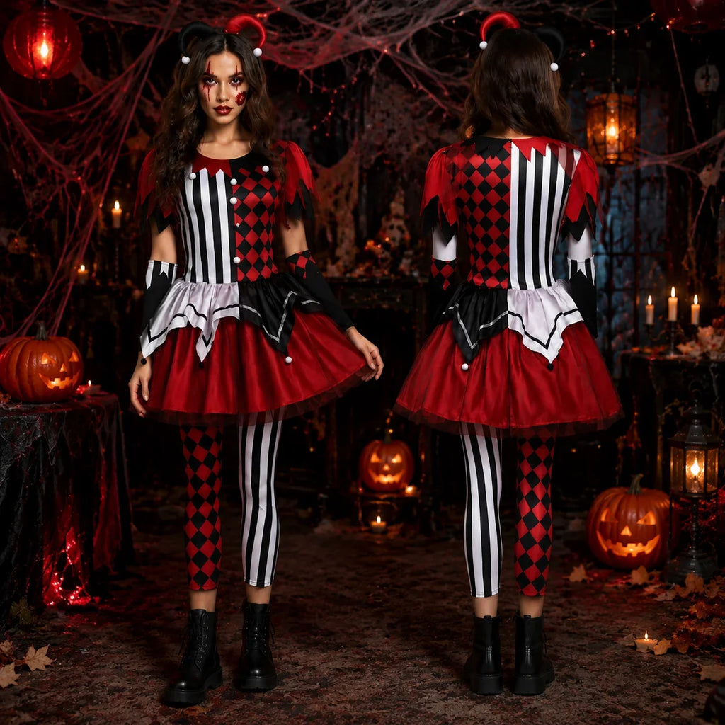 Red, black and white harlequin jester couples Halloween costume, tulle-skirt dress and two-tone jumpsuit - view 8