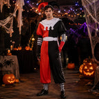 Red, black and white harlequin jester couples Halloween costume, tulle-skirt dress and two-tone jumpsuit - view 9