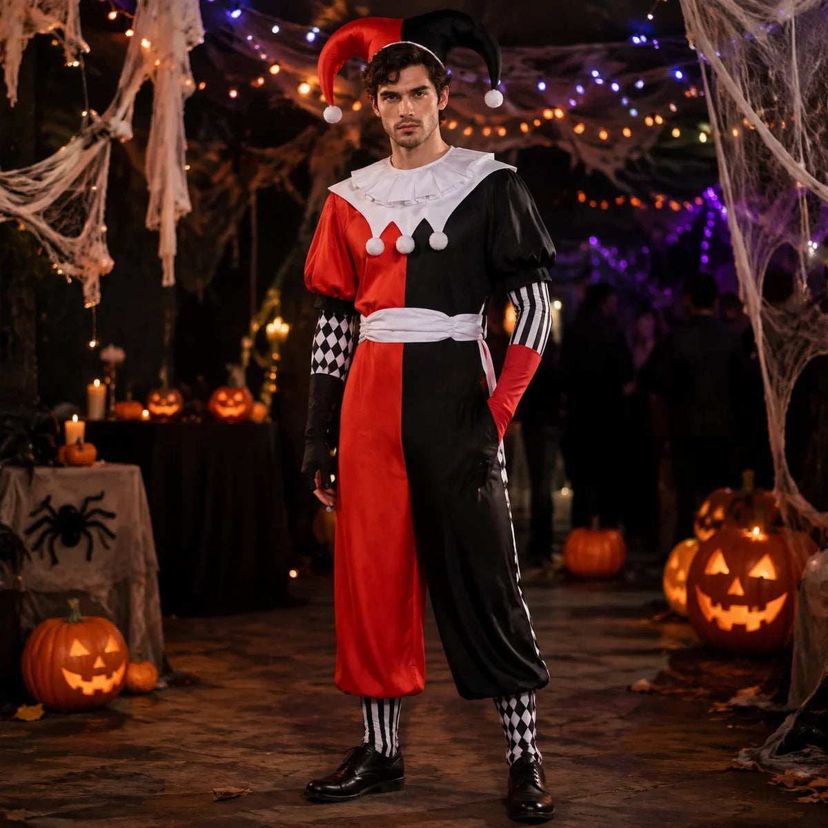 Red, black and white harlequin jester couples Halloween costume, tulle-skirt dress and two-tone jumpsuit - view 9