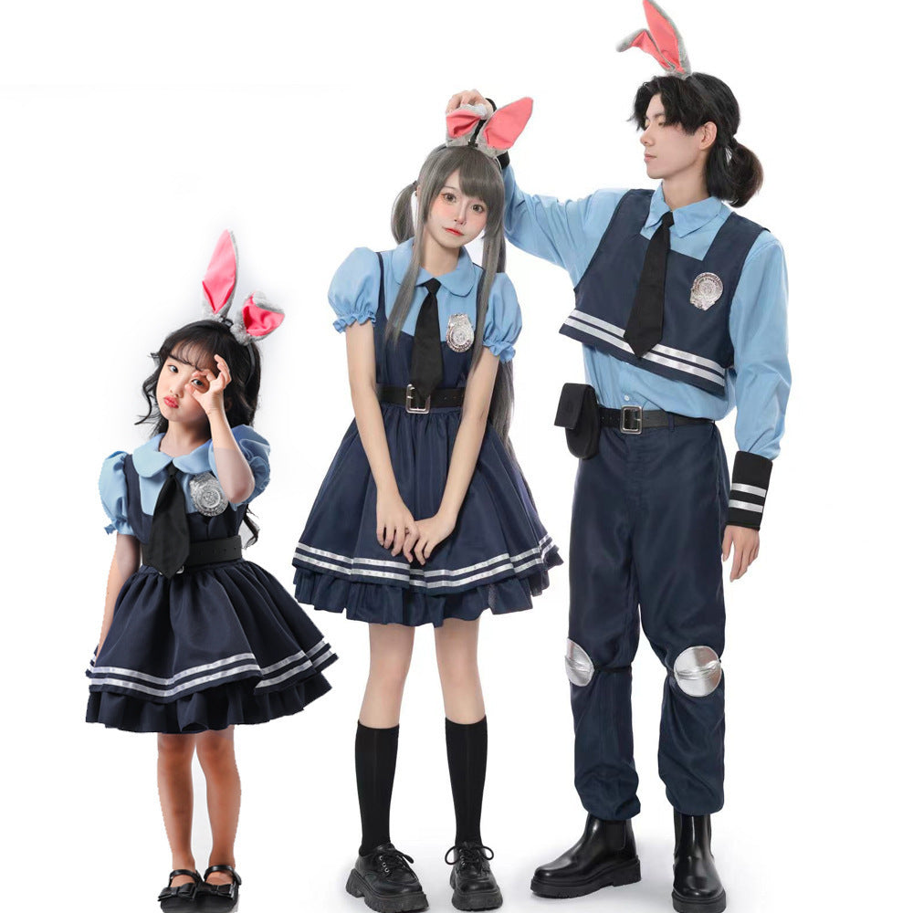 Bunny police officer costume with plush ears, blue collared top, tie, badge and navy ruffle dress or vest and pants