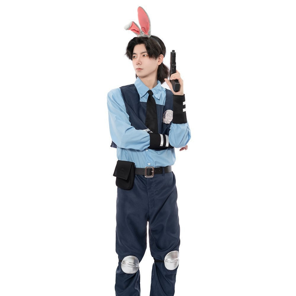 Bunny police officer costume with plush ears, blue collared top, tie, badge and navy ruffle dress or vest and pants - view 2