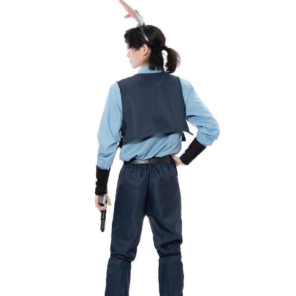 Bunny police officer costume with plush ears, blue collared top, tie, badge and navy ruffle dress or vest and pants - view 3