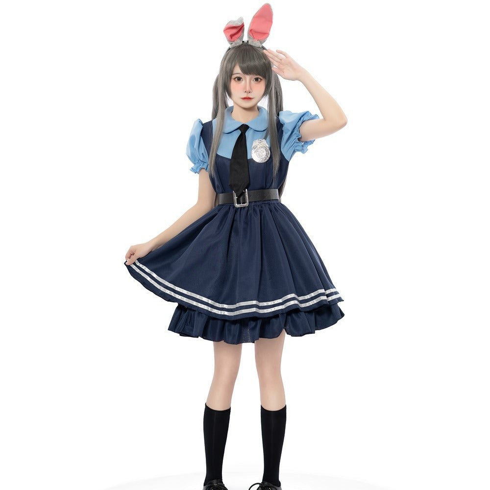 Bunny police officer costume with plush ears, blue collared top, tie, badge and navy ruffle dress or vest and pants - view 4
