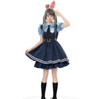 Bunny police officer costume with plush ears, blue collared top, tie, badge and navy ruffle dress or vest and pants - view 4