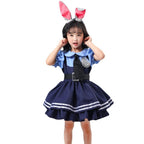 Bunny police officer costume with plush ears, blue collared top, tie, badge and navy ruffle dress or vest and pants - view 5