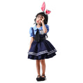 Bunny police officer costume with plush ears, blue collared top, tie, badge and navy ruffle dress or vest and pants - view 8
