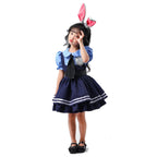 Bunny police officer costume with plush ears, blue collared top, tie, badge and navy ruffle dress or vest and pants - view 8
