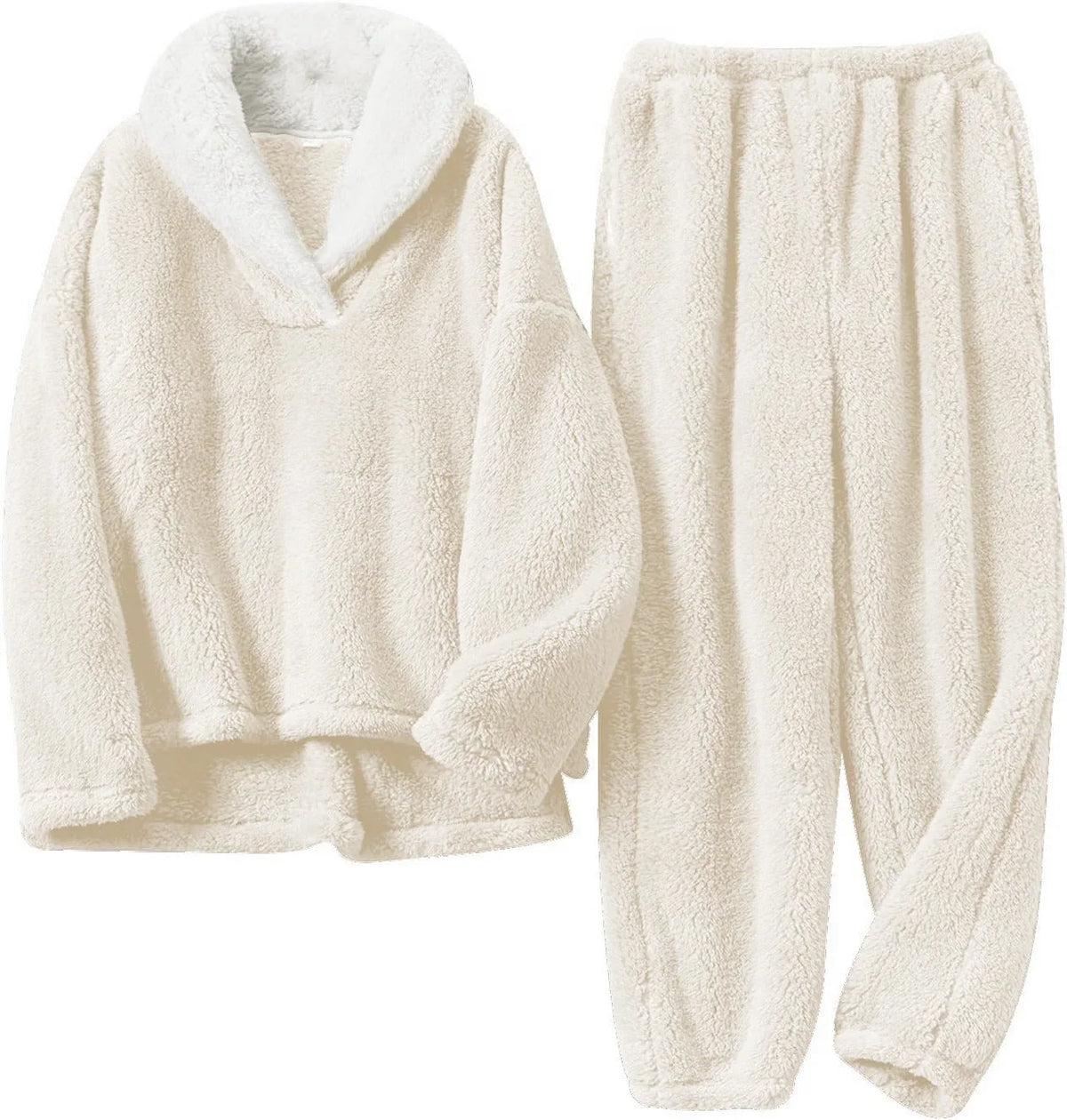 Sherpa pajama set for women with shawl collar pullover top and cuffed pants, two piece lounge set