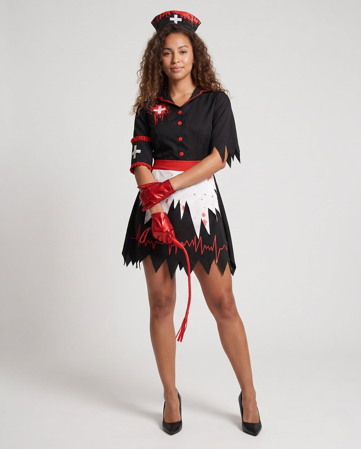 Women's bloody nurse Halloween costume, black dress with red trim, splatter-print apron and jagged hem