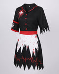 Women's bloody nurse Halloween costume, black dress with red trim, splatter-print apron and jagged hem - view 4