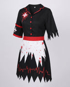 Women's bloody nurse Halloween costume, black dress with red trim, splatter-print apron and jagged hem - view 4