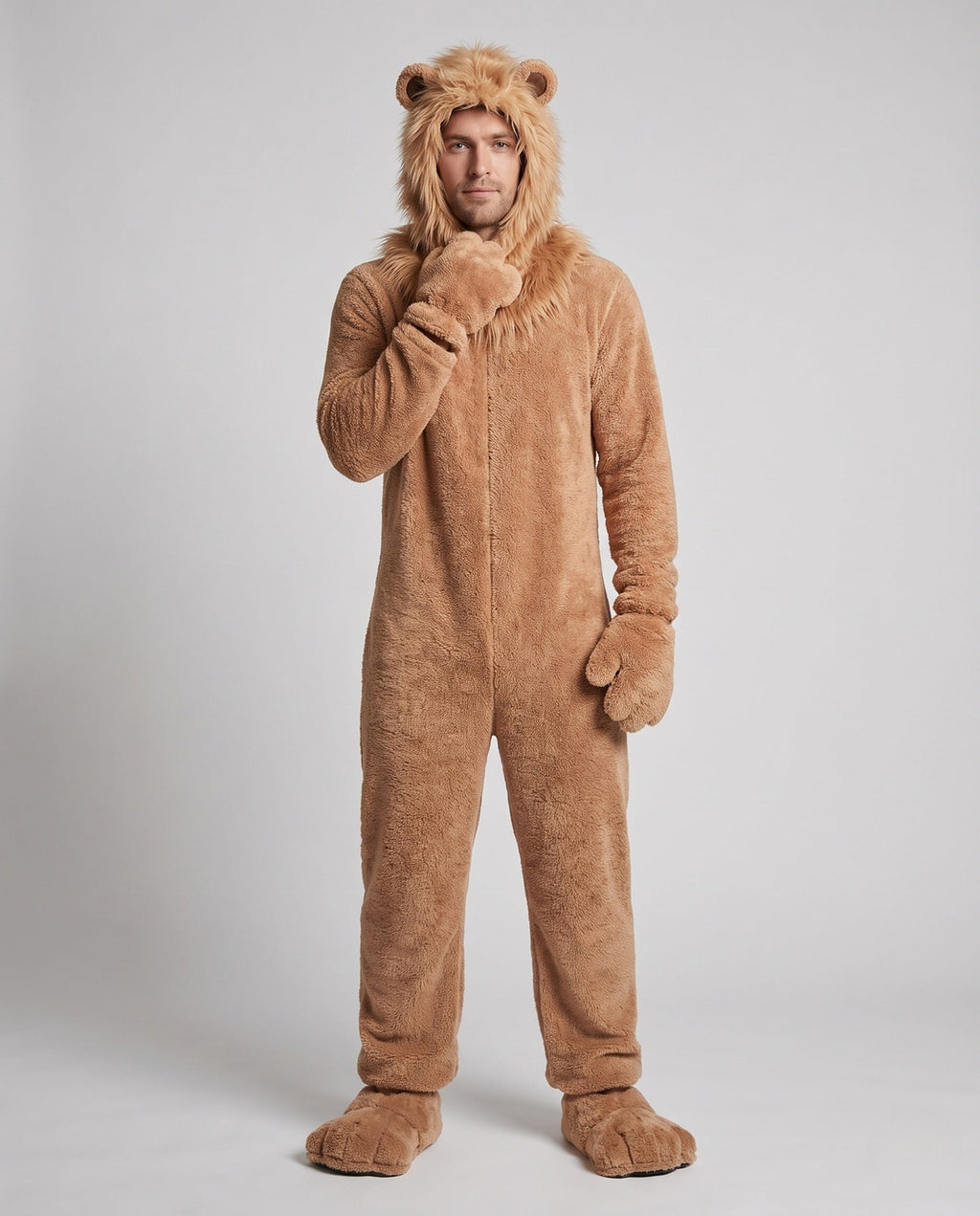 Men's plush lion Halloween costume jumpsuit with faux fur mane hood, ears, tail, paw mittens and foot covers
