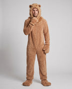 Men's plush lion Halloween costume jumpsuit with faux fur mane hood, ears, tail, paw mittens and foot covers