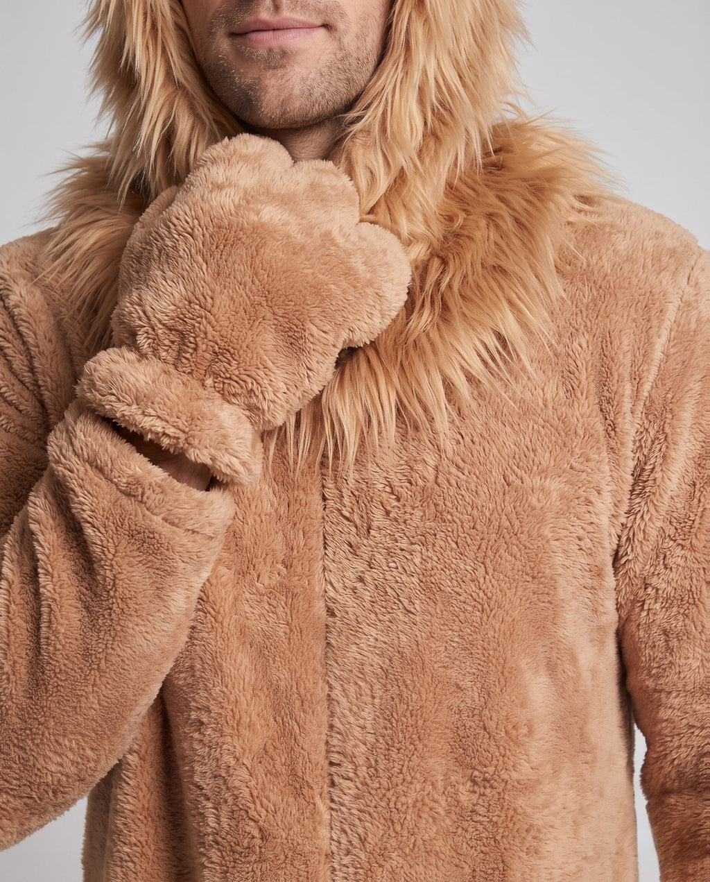 Men's plush lion Halloween costume jumpsuit with faux fur mane hood, ears, tail, paw mittens and foot covers - view 2