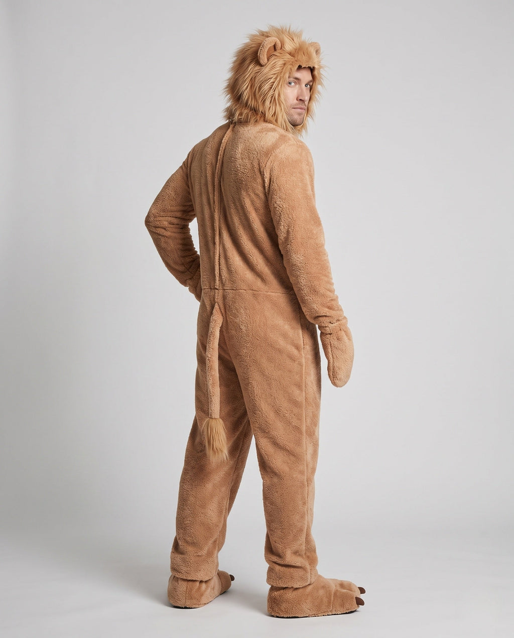 Men's plush lion Halloween costume jumpsuit with faux fur mane hood, ears, tail, paw mittens and foot covers - view 3