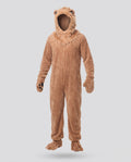 Men's plush lion Halloween costume jumpsuit with faux fur mane hood, ears, tail, paw mittens and foot covers - view 4