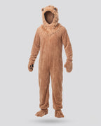Men's plush lion Halloween costume jumpsuit with faux fur mane hood, ears, tail, paw mittens and foot covers - view 4