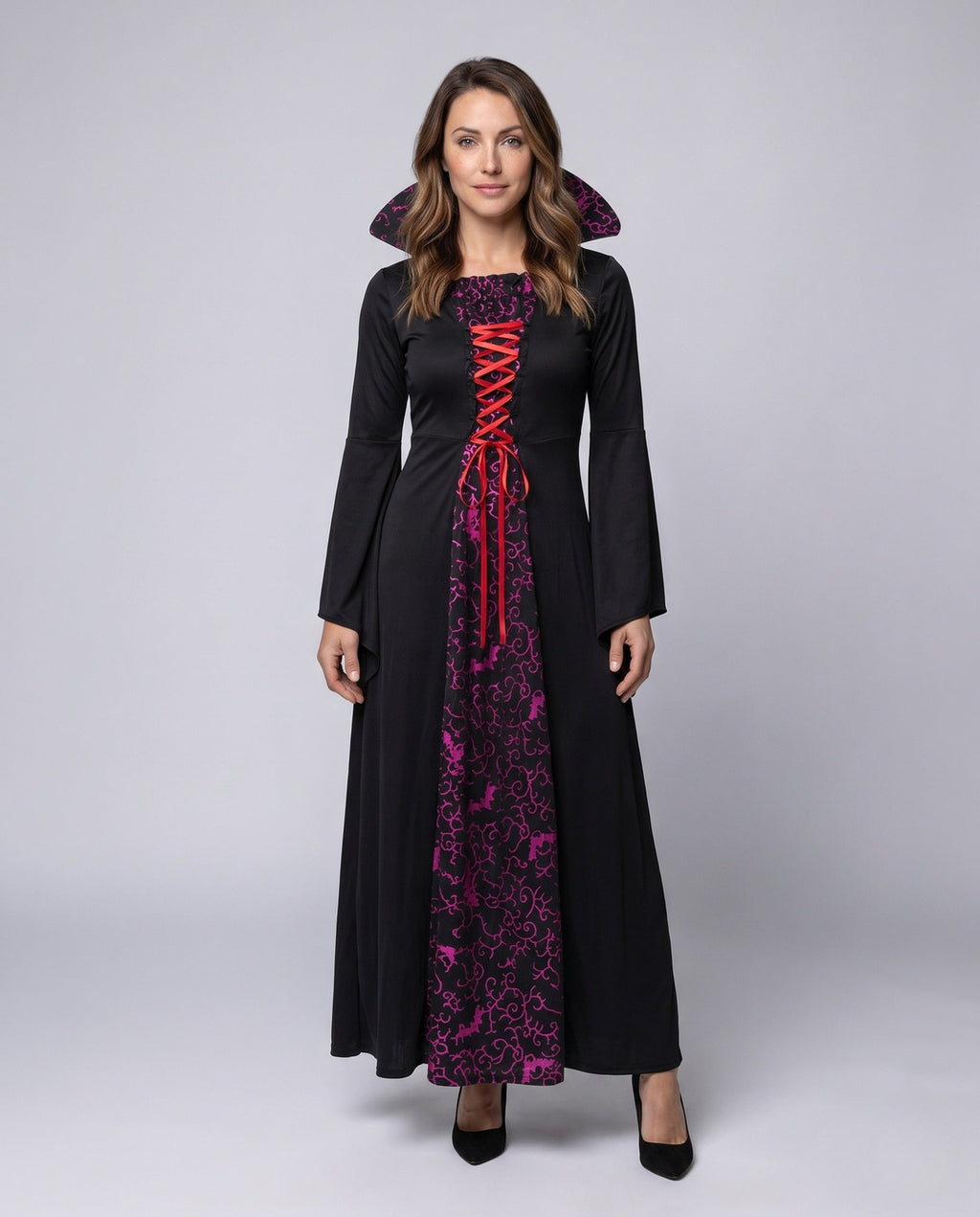 Women's black witch costume dress with high collar, bat print panel and red lace-up front