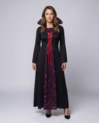 Women's black witch costume dress with high collar, bat print panel and red lace-up front